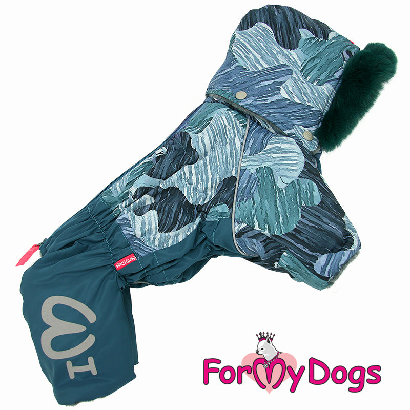 ForMyDogs - "Green camouflage" lämmin hupullinen koiran talvihaalari, uroksen malli