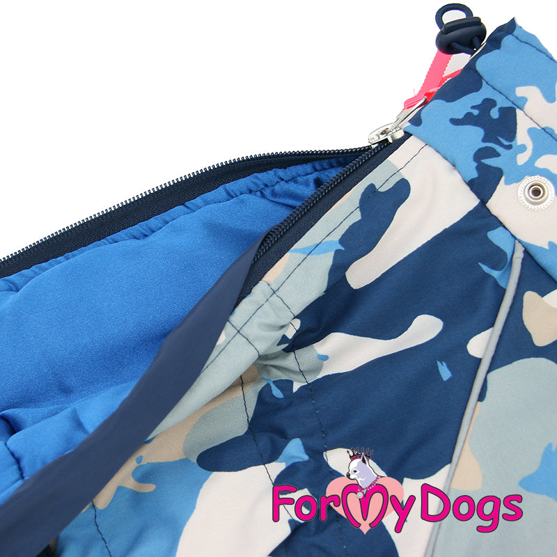ForMyDogs - "Blue Camo" erittäin lämmin sileävuorillinen koiran talvihaalari, uroksen malli